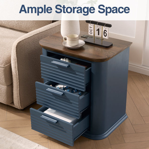 English Elm 22" Fluted Wood Nightstand with Built-in Charging Station Three Drawer Bedside Storage Navy Blue T5326P431149