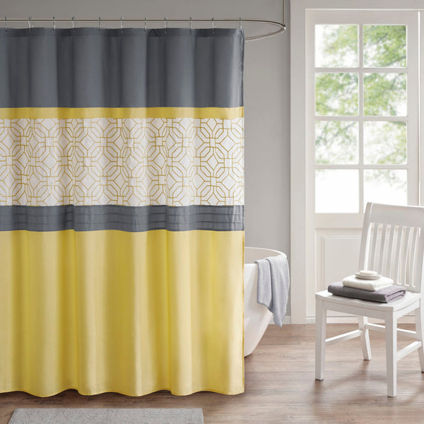 JLA Home 510 Design - Embroidered Modern Pintuck Shower Curtain with Microfiber Softness, Lined Privacy & Grey Yellow Accents 5DS70-0096