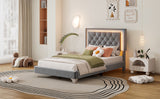 English Elm Twin Size Upholstered Bed Frame With Led Lights,Modern Velvet Platform Bed With Tufted Headboard,Grey