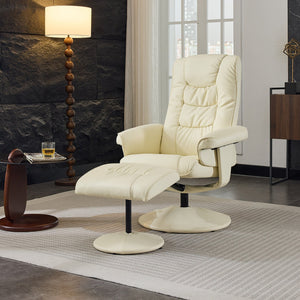 English Elm 015-Recliner Ergonomic Swivel Massage Chair with Ottoman, Heated 5-Point Vibration, 140° PU Recliner Beige W2636P262437