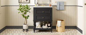 English Elm 24'' Retro Bathroom Vanity Mdf Cabinet with Ceramic Sink Open Shelf and 2 Drawers Black N710P405414B