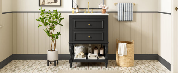 English Elm 24'' Retro Bathroom Vanity Mdf Cabinet with Ceramic Sink Open Shelf and 2 Drawers Black N710P405414B