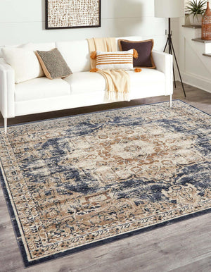 Unique Loom Chateau Roosevelt Machine Made Border Rug Dark Blue, Beige/Brown/Ivory 7' 1" x 7' 1"