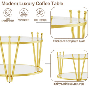 English Elm 31.5inch Modern Luxury Gold Coffee Table with Two-Tier Storage, Tempered Glass Top, Elegant Crown Design Clear W1550P171448