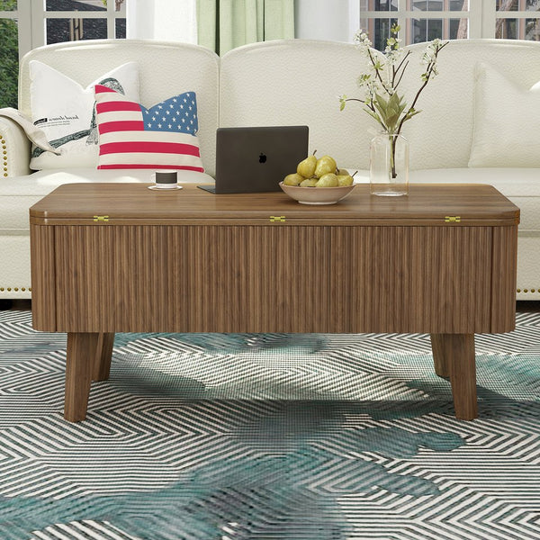 English Elm 3 in 1 Oval Lift Top Coffee Table Fluted Wood Storage Converts for Living Room W2641P422965