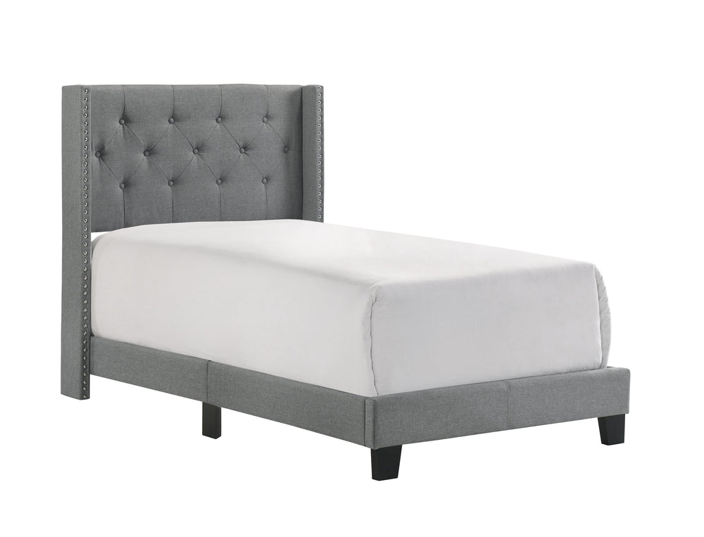 English Elm 1pc Twin Size Bed Gray Wingback Upholstered Headboard Button-Tufted Nailhead Trim French Country Style, Solid Frame B2741P347930