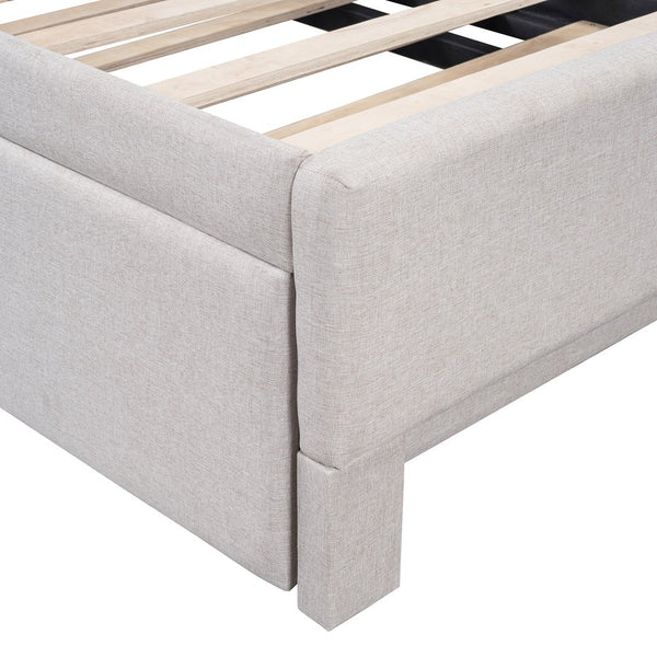 English Elm Twin L-shaped Linen Upholstered Daybed with Hydraulic Pop-up Trundle for Guest Rooms Beige SF000193AAA-1