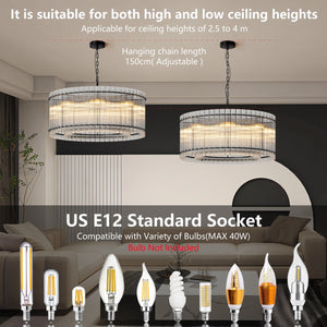 English Elm 37" Modern Round Crystal Chandelier, 2-Tier 8-Light LED Semi-Flush, Dimmable Touch Control, Adjustable Height Black W1340P332559