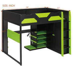 English Elm Full Size Loft Bed with Rgb Lighting Usb Charging Desk Wardrobe and Storage Shelves Green LT000387AAF