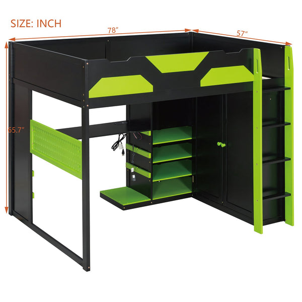 English Elm Full Size Loft Bed with Rgb Lighting Usb Charging Desk Wardrobe and Storage Shelves Green LT000387AAF