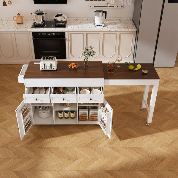 English Elm 74.8" Rolling Kitchen Island Extendable Marble Veneer Top with Power Outlet and Storage W2700S00105