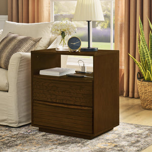 English Elm Mid Century Modern nightstand with USB charging, louver drawers, open shelf and hidden cord storage Walnut Brown W1801P303385