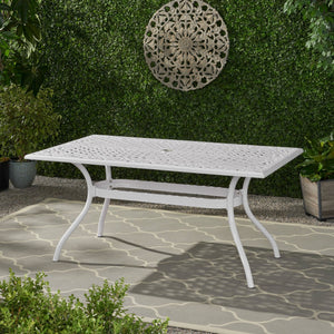 English Elm Christopher Knight Home® - PHOENIX Cast Aluminum Rectangle Dining Table with Floral Lattice, Umbrella Hole, Rust-Resistant Finish White 69.75 L x 40.5 W x 4.75 H 57704.00WHI