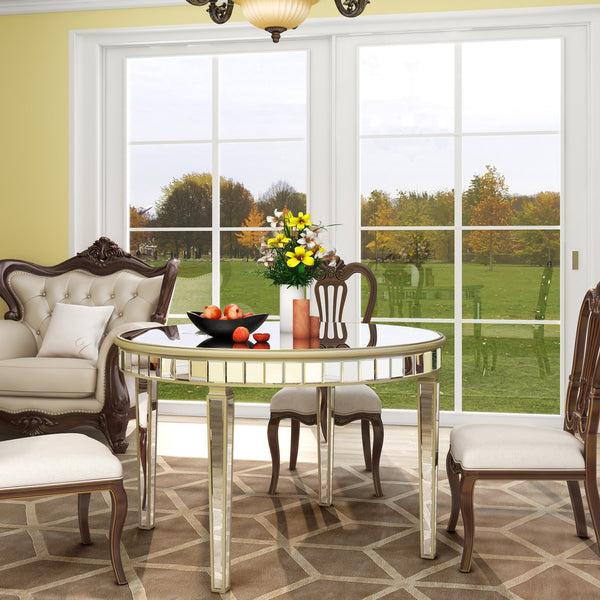 English Elm 47.24" Round Glass Dining Table with Mirror Top Silver Vintage Gold Geometric Frame Elegant Centerpiece W3207P285434