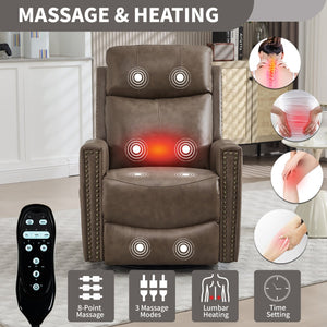 English Elm Camel Genuine Leather Massage Rocker Swivel Recliner with Heat and Lumbar Relief W1803P323716