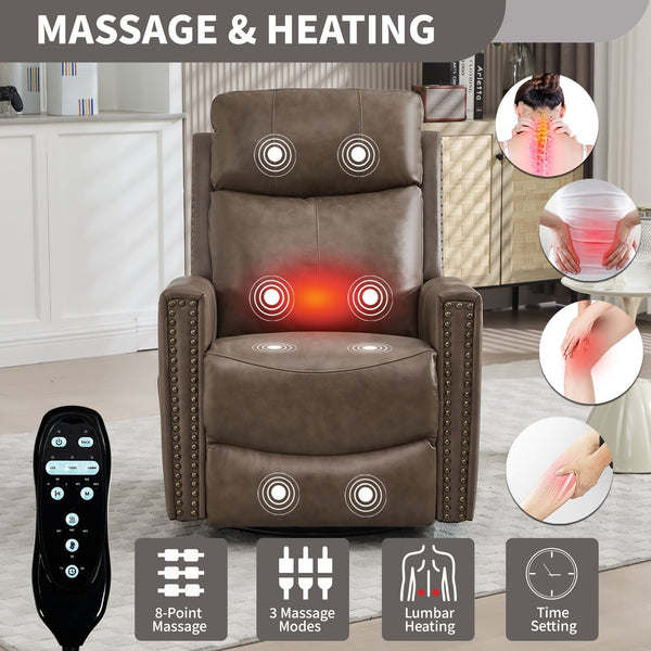 English Elm Camel Genuine Leather Massage Rocker Swivel Recliner with Heat and Lumbar Relief W1803P323716