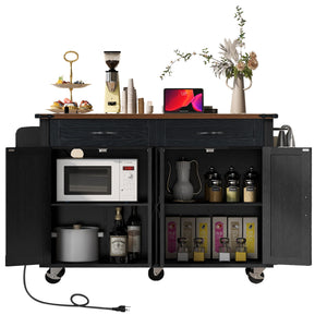 English Elm K&k Farmhouse Rolling Kitchen Island with Drop Leaf Power Outlets and Storage Cabinet Black N707S170348B