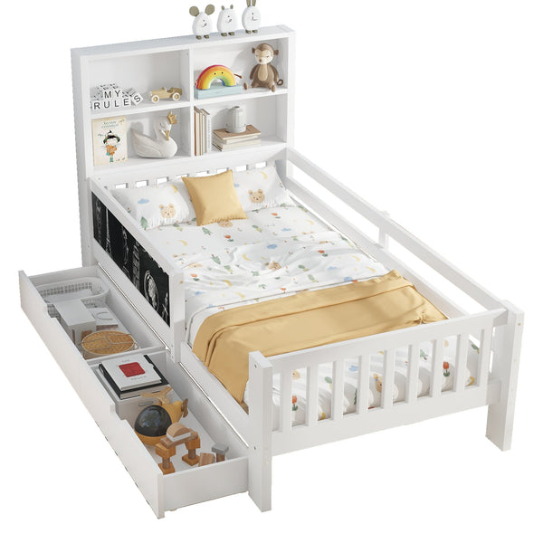 English Elm Twin Chalkboard Platform Bed with Drawers & Shelves, Solid Wood Kids Bed with Storage and Creative Headboard White W1580P362704