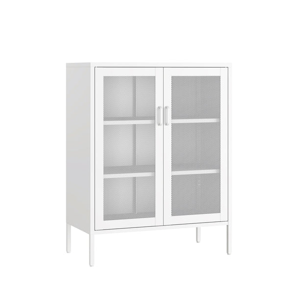 English Elm Amelia Metal Accent Cabinet 32" — Steel Mesh Doors, Adjustable Shelves, Minimalist Legs for Modern Storage Solutions White B365P397882