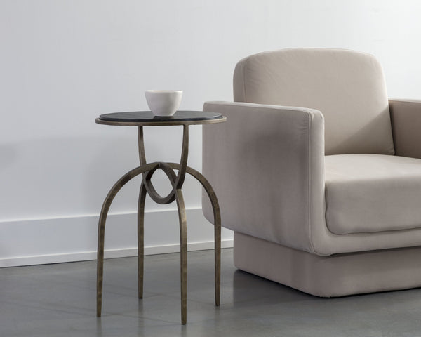 Sunpan Alicent End Table - Stunning Round Marble Top with Antique Brass Iron Base, Handcrafted Elegance Black Marble