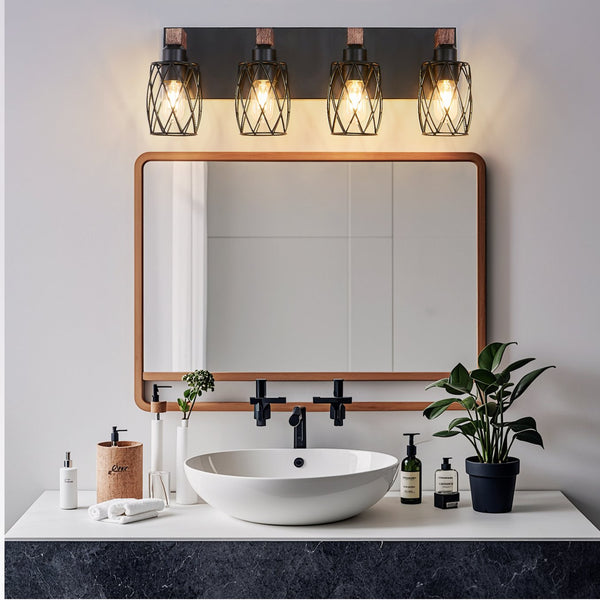 English Elm 24" Industrial Vintage 4-Light Wall Sconce with Black Iron Cage and Walnut Wood Accents for Bathroom W2312P374838