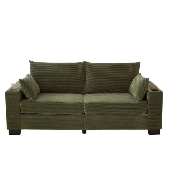 English Elm 78"corduroy Plush Three Seat Sofa with Usb Ports Cup Holders Deep Cushions Apartment Green W3705P455917