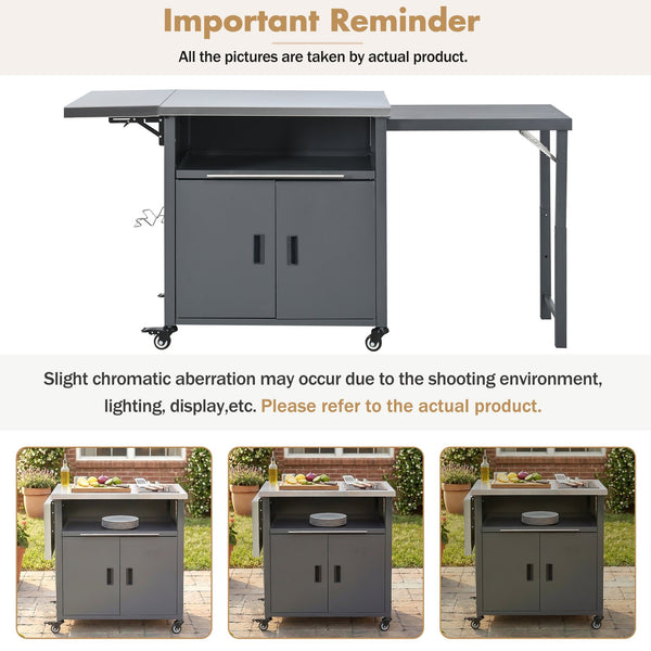 English Elm Outdoor Bbq Prep Cart Rolling Stainless Steel Grill Station with Foldable Work Surface Gray N719P407404E