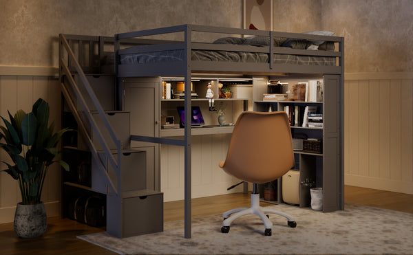 English Elm Full Loft Bed with Integrated Wardrobe Desk Shelving and Led Lighting for Teen Rooms Grey LT000927AAE