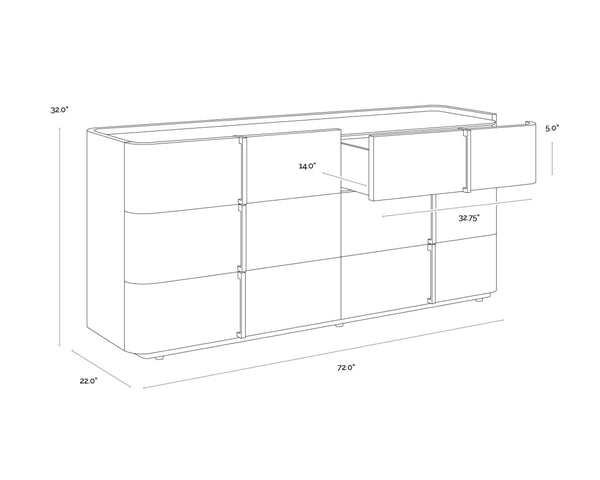 Sunpan JAMILLE Dresser - Contemporary Cream Faux Leather & Oak Veneer Storage with Six Spacious Drawers 112261