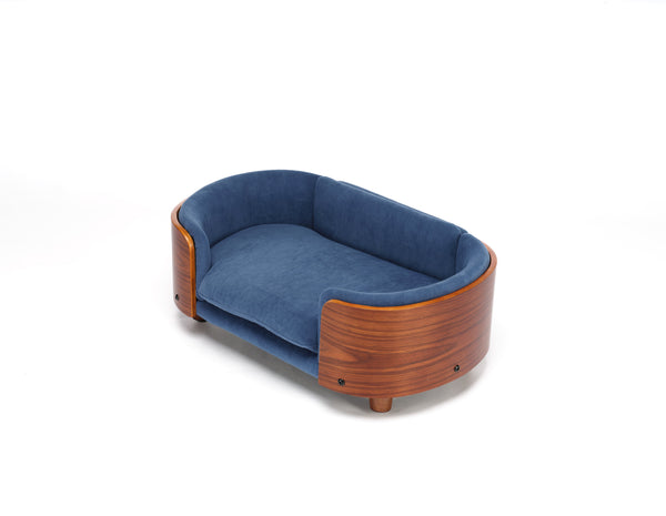 English Elm Scandinavian Elevated Pet Sofa Bed with Walnut Bent Wood Back, Velvet Stain-Resistant Fabric, Cozy Rest Dark Blue W794125923