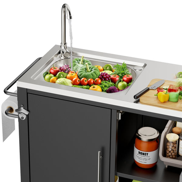 English Elm Outdoor Stainless Steel Grill Cart with Sink Cabinet Storage and Locking Wheels W3190P293812