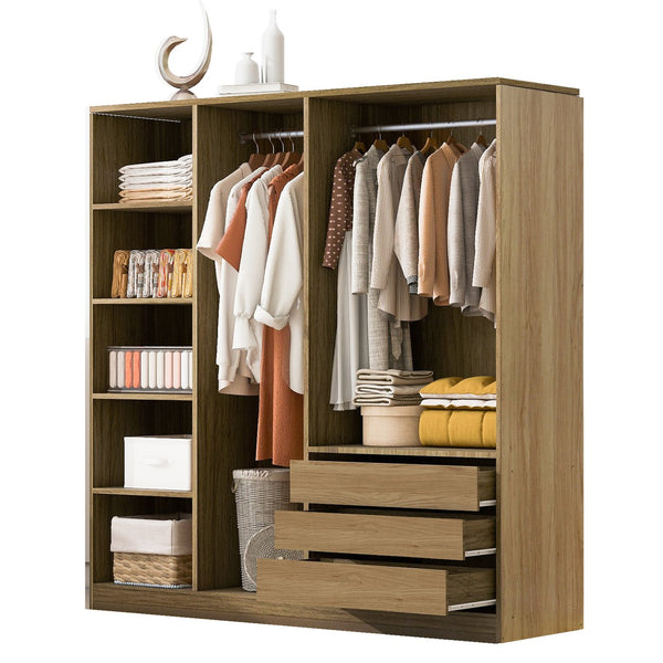 English Elm Doorless Open Wardrobe with 6 Compartments and 3 Drawers, Modern Space-Saving Storage for Bedroom Natural N820S00036D
