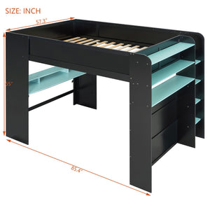 English Elm Full Size Gaming Bunk Bed with Rgb Lighting Integrated Desk Wardrobe and Storage Blue LT100266AAC