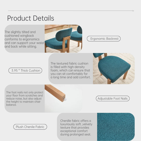 English Elm Wooden Wingback Dining Chairs Chenille Upholstered Farmhouse Set for Kitchen Comfort Teal W3244P316082
