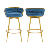 Christopher Knight Home® - Noble House - - Swivel Counter Height Bar Stools Set Of 2, 31." Bar Height Stools With Hand-Woven Backrest & Gold Metal Legs, Modern Low Back Upholstered Kitchen Chairs With Footrest For Island, Dining Room,Blue