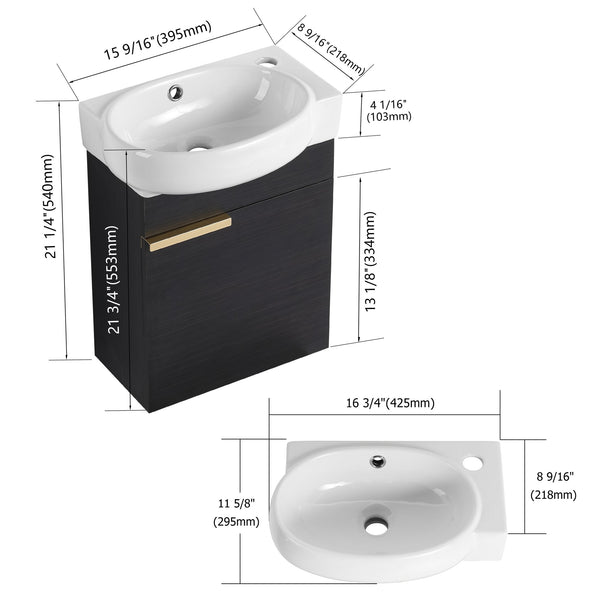 English Elm Soft Close 16" Wall-Mounted Bathroom Vanity with Round Ceramic Vessel Sink, Soft-Closing Doors, Water-Resistant Plywood Finish W999140772