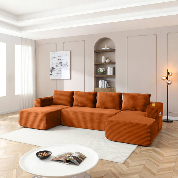 English Elm 132" Modular U-shaped Corduroy Cloud Sectional with Deep Seat Cupholders Assembly Free W1117S00346