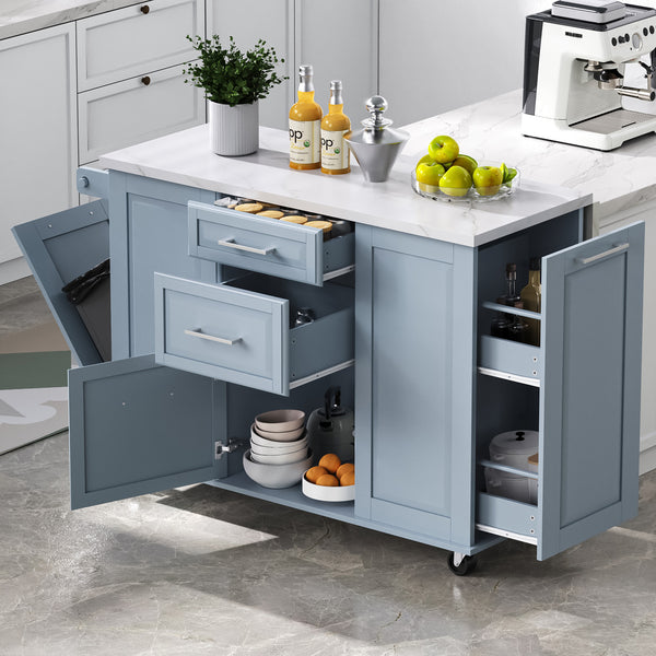 English Elm K&K Vintage Convex Kitchen Island Cart with Faux Marble Top, Tilt Trash, Pull-Out Organizer, Wheels Grey+Blue N707P299008G
