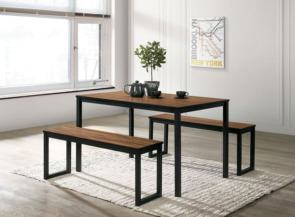 English Elm Industrial 3pc Dining Set Walnut Top with Black U-Shape Metal Legs, Benches, Modern Durable Elegance B2741P383856