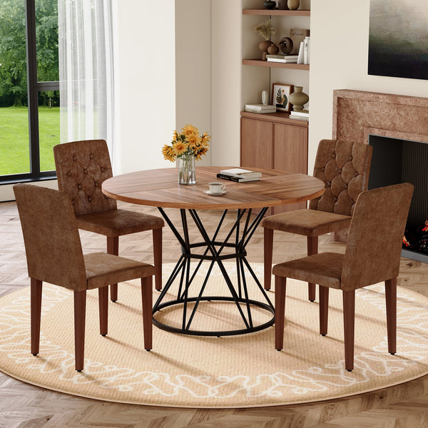 English Elm Table and Chair Set Walnut Round Dining for Four with Tufted Suede Seats W1151S04853