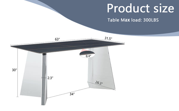 English Elm 63"x31.5x30" Marble Slab Rectangular Dining Table with Sculptural Butterfly Stainless Legs Black,Silver W1151S04576