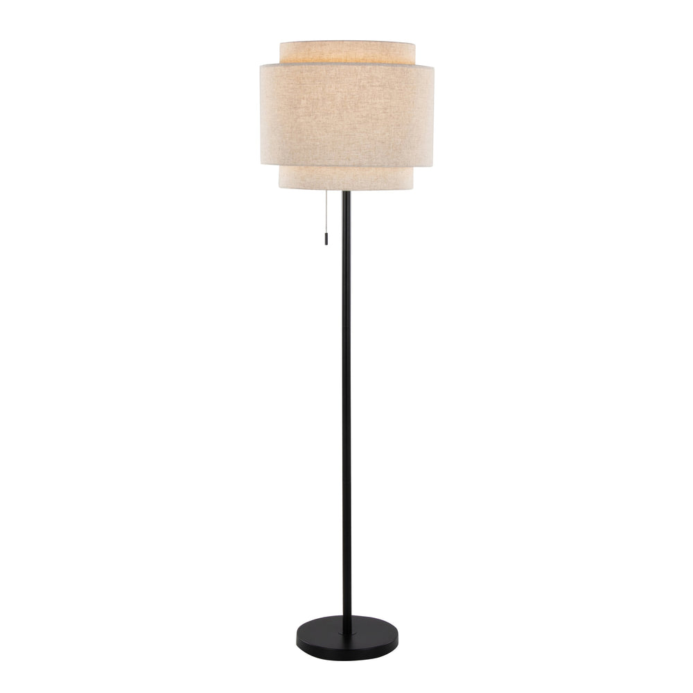 English Elm Tier Matte Black Metal Floor Lamp with Beige Linen Shade for Modern Living Spaces B202P224151