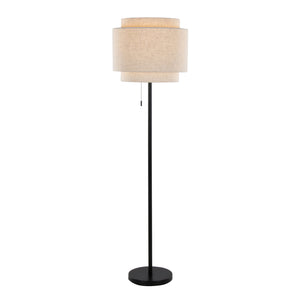 English Elm Tier Matte Black Metal Floor Lamp with Beige Linen Shade for Modern Living Spaces B202P224151