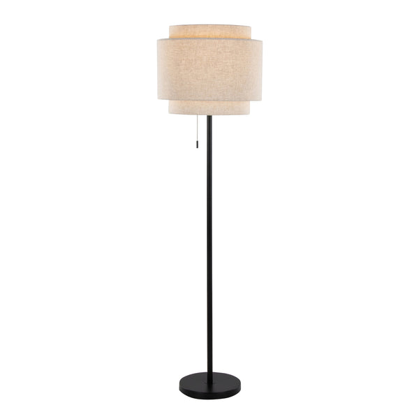 English Elm Tier Matte Black Metal Floor Lamp with Beige Linen Shade for Modern Living Spaces B202P224151