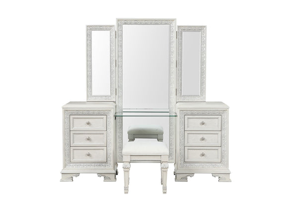 English Elm Traditional Creamy White Vanity Set with Stool, Tri-Fold Mirror, USB Port, Silver Accents, 72"W elegante B2741S00675