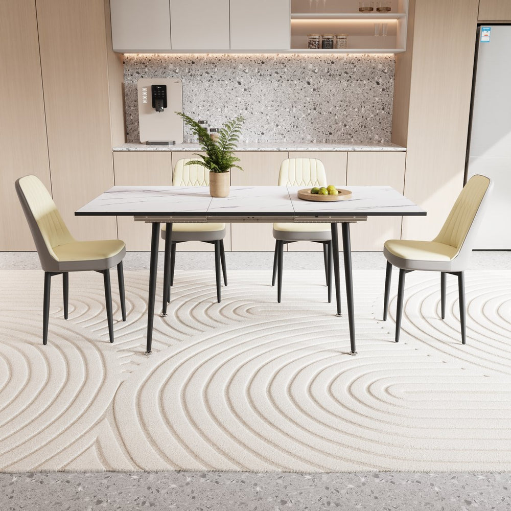 English Elm 47"-63" Extendable Mdf Dining Table Set with Pu Cushioned Chairs and Black Metal Legs W2189S00923
