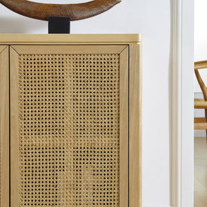 English Elm 39.4" Mid Century Modern Rattan Sideboard Buffet Cabinet with Pop-Up Doors, Charging Holes, Stylish Storage Natural W1801P362143