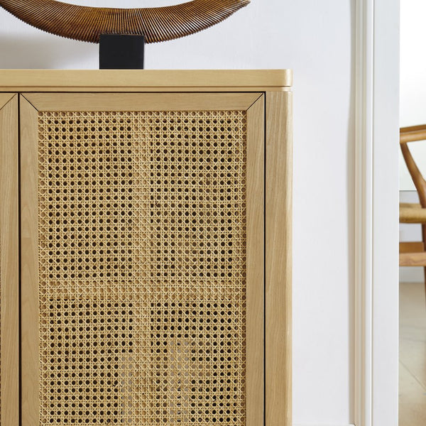 English Elm 39.4" Mid Century Modern Rattan Sideboard Buffet Cabinet with Pop-Up Doors, Charging Holes, Stylish Storage Natural W1801P362143