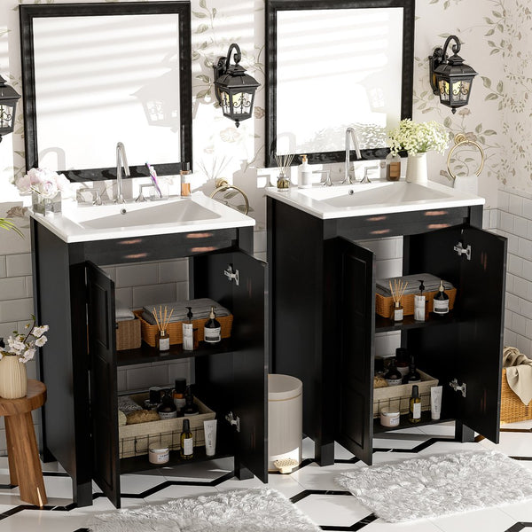 English Elm 48" Vintage Style Bathroom Vanity Cabinet with Ceramic Sink, Soft-Close Doors, Adjustable Shelf, Espresso Finish N729P000003P