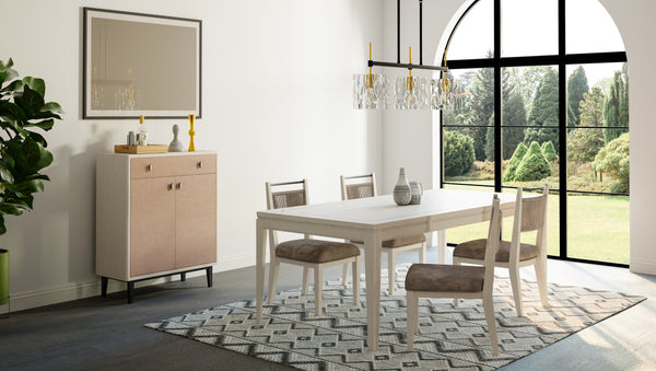 English Elm Expandable Leg Table Vanilla White Solid Wood & Brass Inlay — Mid‑Century Tapered Legs, Durable Spacious Top B2699P310415